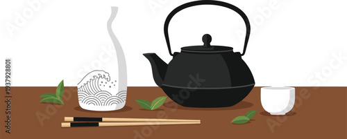 Japanese Tea Setup with Teapot Cup Chopsticks and Steaming Bowl Vector Illustration