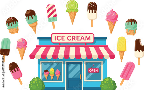 Ice Cream Shop Storefront with Various Ice Cream Cones and Popsicles Flat Vector Illustration