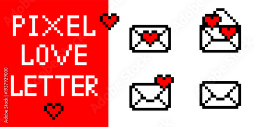 Red heart pixel envelope icon set in retro videogame style featuring digital love letter mail concept for arcade gamer design 8bit graphic illustration and vintage background