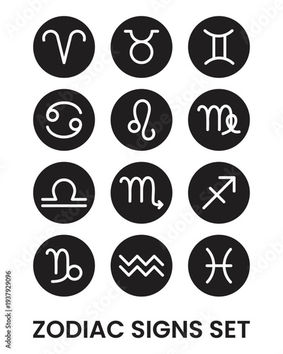 White 12 Zodiac Signs Set in Dark Grey Circles vector illustration