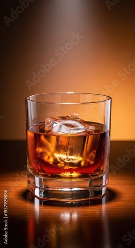 Heavy bottomed cocktail glass filled with rich amber rye beverage. A classic, warming, sophisticated evening drink, happy hour, glass, upscale