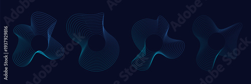 Sound wave radial set with line shape, round audio music icon and dot light effect on black background. Equalizer beat pattern, vector illustration. 3D concentric sound wave and glow lines.