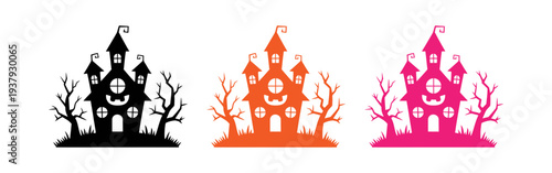Colorful halloween haunted house silhouettes