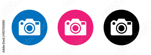 Colorful camera icons in blue, pink, and black circles