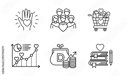 Charity and donation impact icon set. Concepts of community support, food grocery shopping for the needy, financial growth analytics, donation wallet, and education giving in thin line style.