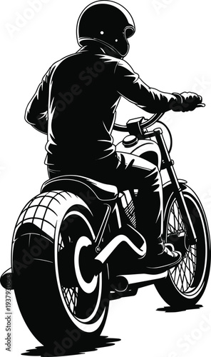 Rear view of a motorcycle rider wearing a helmet and leather jacket riding a vintage chopper bike isolated on white background illustration