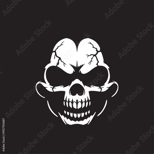 Skull Graphic with Cracked Forehead and Grinning Teeth on Black Background