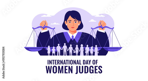 Illustration of a female judge with scales and people, symbolizing International Day of Women Judges, promoting gender equality in justice.