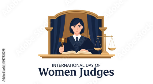 Illustration of a female judge with gavel and scales on International Day of Women Judges, symbolizing women in judiciary and gender equality in justice system with a professional and
