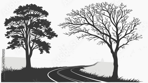 Two barren trees stand on the edge of a winding road in a vast, open landscape Vector