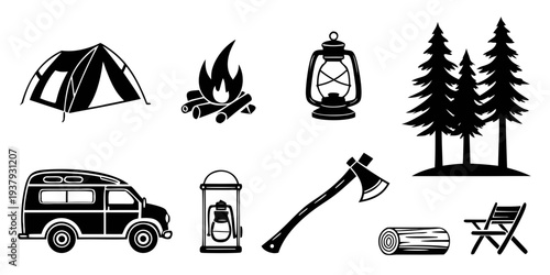 A collection of camping and outdoor adventure icons including a tent, fire, and hiking gear Vector