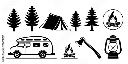 Illustration of camping gear and activities including a tent, campfire, and camper van. Vector