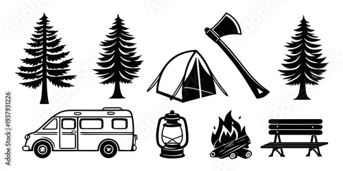 A family enjoying a camping trip with their car, tent, and outdoor equipment Vector
