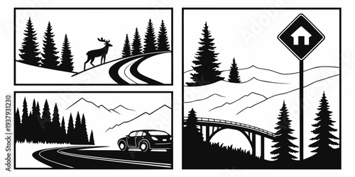 Four distinct winter scenes featuring a skier, a snowboarder, a snowy forest, and a mountain road sign Vector