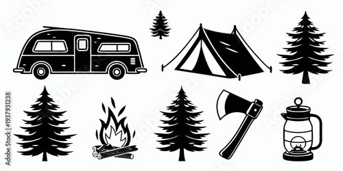 Illustration of camping and outdoor activities with various equipment and symbols Vector