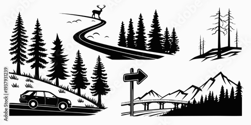 A serene landscape featuring a winding river, dense forest, and majestic mountains Vector