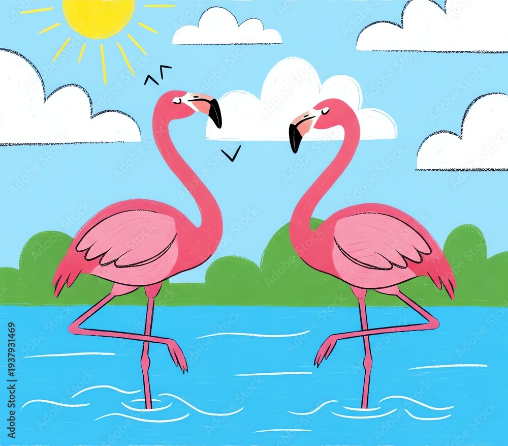 Obraz premium Two Pink Flamingos Standing in Water Under a Sunny Sky.