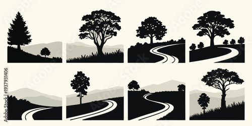 A serene landscape featuring various trees and a tranquil body of water Vector