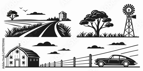 A serene countryside landscape with farmhouse, windmill, and rolling hills Vector