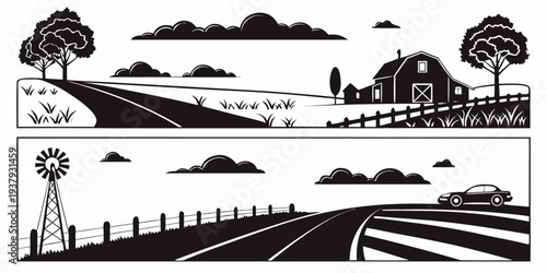 A picturesque landscape featuring a winding road, trees, and distant mountains under a cloudy sky. Vector