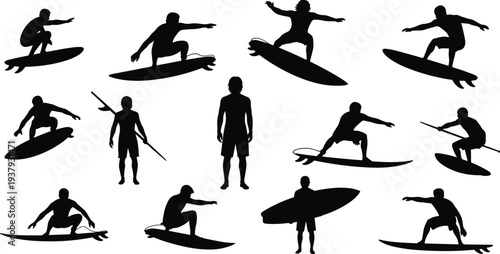 Set of surfer silhouettes riding waves and carrying surfboards in various action poses for summer beach lifestyle sport and coastal ocean vacation designs