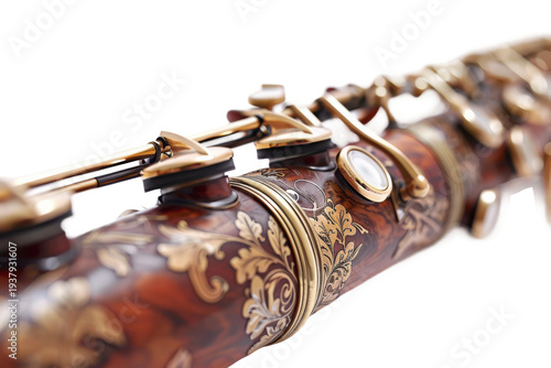 Macro shot of a wooden flute showing intricate keys and gold accents generative AI