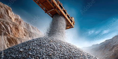 Industrial conveyor belt dropping gravel onto a large pile in a quarry under a blue sky