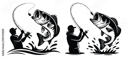Fisherman Angler Fighting Jumping Bass Vector Illustration, Black White Fisherman Rod Splash Illustration Pair for Bass Fishing Tournament Poster