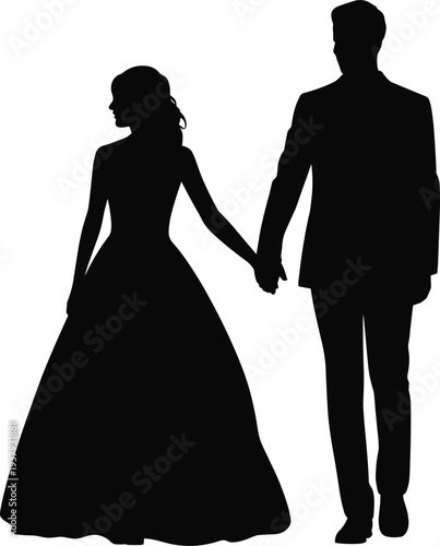Silhouette of a bride and groom holding hands while walking together isolated on white background for wedding ceremony and romantic marriage concept