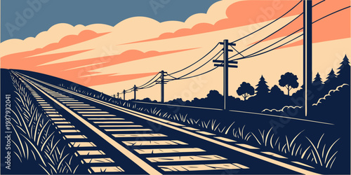 A serene sunset over a vast landscape with distant power lines and wind turbines Vector