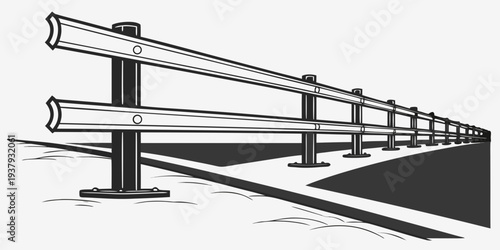 A black and white illustration of a wooden fence along a winding road. Vector