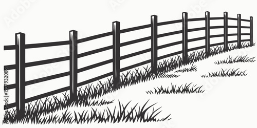A wooden fence with a field of grass and wildflowers in the background Vector
