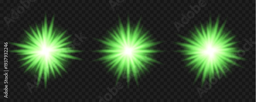Collection of bright white starbursts and lens flares on a transparent background varying in shape