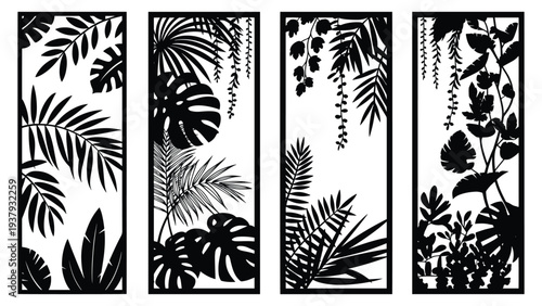 Jungle Botanical Vertical Frame Set, Tropical Botanical Silhouette Panel Vector Set, Black White Jungle Leaf Screen for Laser Cut Room Divider, Interior Wall Décor