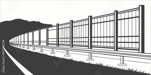 A long fence stretches across a barren landscape under a cloudy sky. Vector