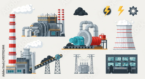 Industrial power plant equipment and components illustration.