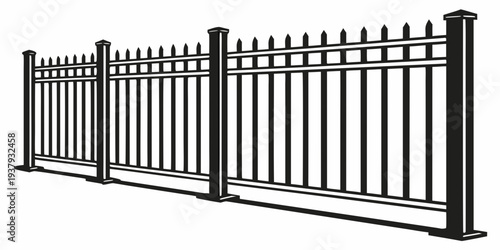 A tall, black, metal gate with vertical bars and pointed tops, set in a white frame. Vector