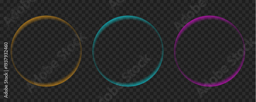A series of three glowing translucent circular frames in gold teal and magenta hues against a transparent backdrop