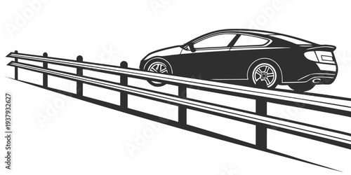 A black car is driving on a bridge with a railing on a steep incline Vector