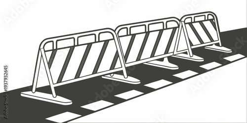 A row of metal barricades blocking a street with a zebra crossing. Vector