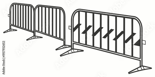 A row of metallic barricades with black and white stripes used for crowd control Vector