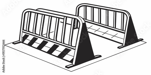 Two black and white striped barriers on a road with a curb. Vector