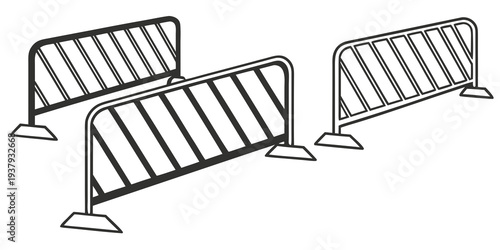 Three metal barricades arranged in a row on a flat surface. Vector