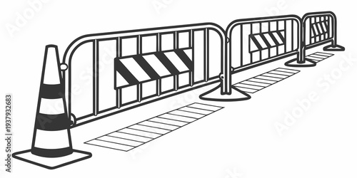 A black and white image of a road barrier with a traffic cone. Vector