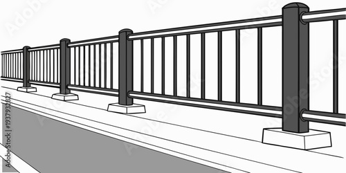 A detailed illustration of a modern metal fence with horizontal bars and vertical posts. Vector