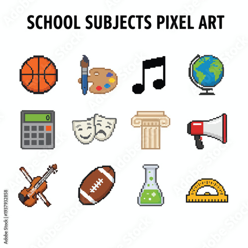 School Subject Pixel Art Vector Icon Set for Education Learning Apps Classroom Materials and Retro 8bit Design