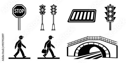 Illustration of various traffic signs and symbols for road and pedestrian safety. Vector