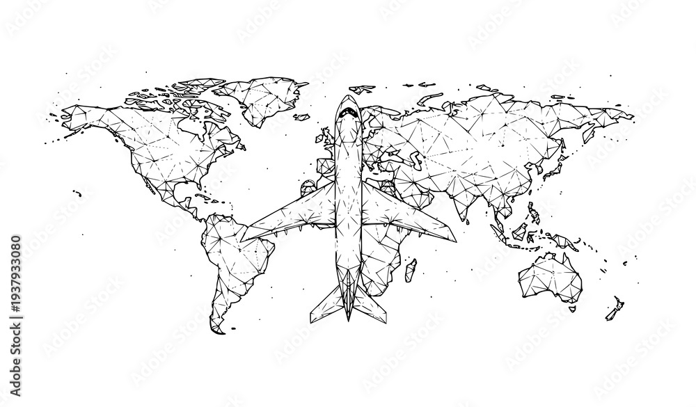 Obraz premium Abstract low poly airplane flying over world map wireframe network vector top view global aviation technology concept