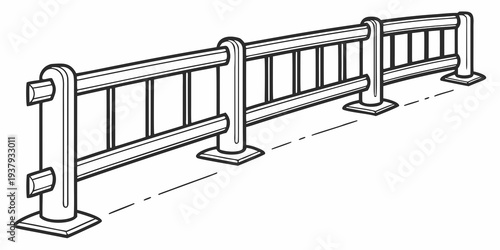 A detailed illustration of a metal fence with horizontal bars and concrete bases Vector