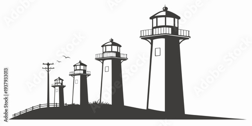 A serene illustration of lighthouses standing tall on a cliff by the sea. Vector